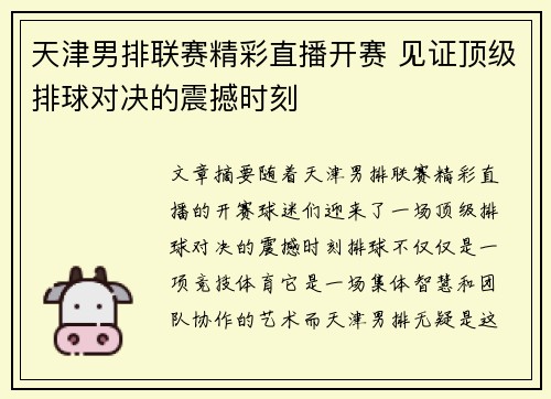 天津男排联赛精彩直播开赛 见证顶级排球对决的震撼时刻