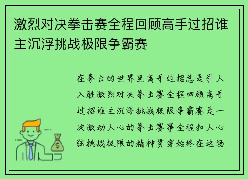 激烈对决拳击赛全程回顾高手过招谁主沉浮挑战极限争霸赛