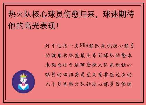 热火队核心球员伤愈归来，球迷期待他的高光表现！