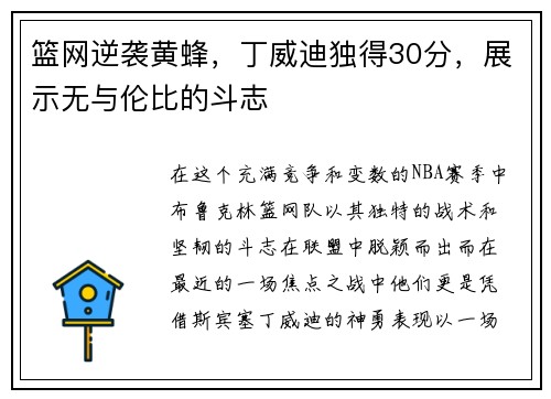 篮网逆袭黄蜂，丁威迪独得30分，展示无与伦比的斗志