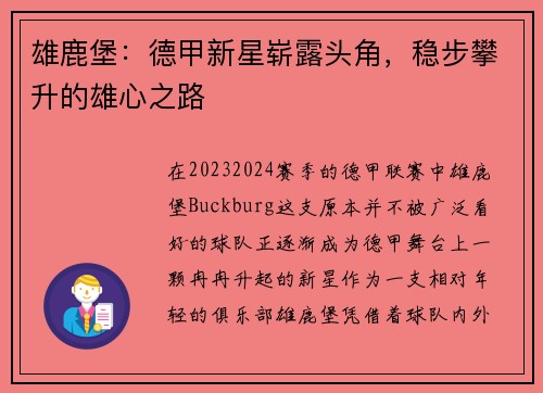 雄鹿堡：德甲新星崭露头角，稳步攀升的雄心之路